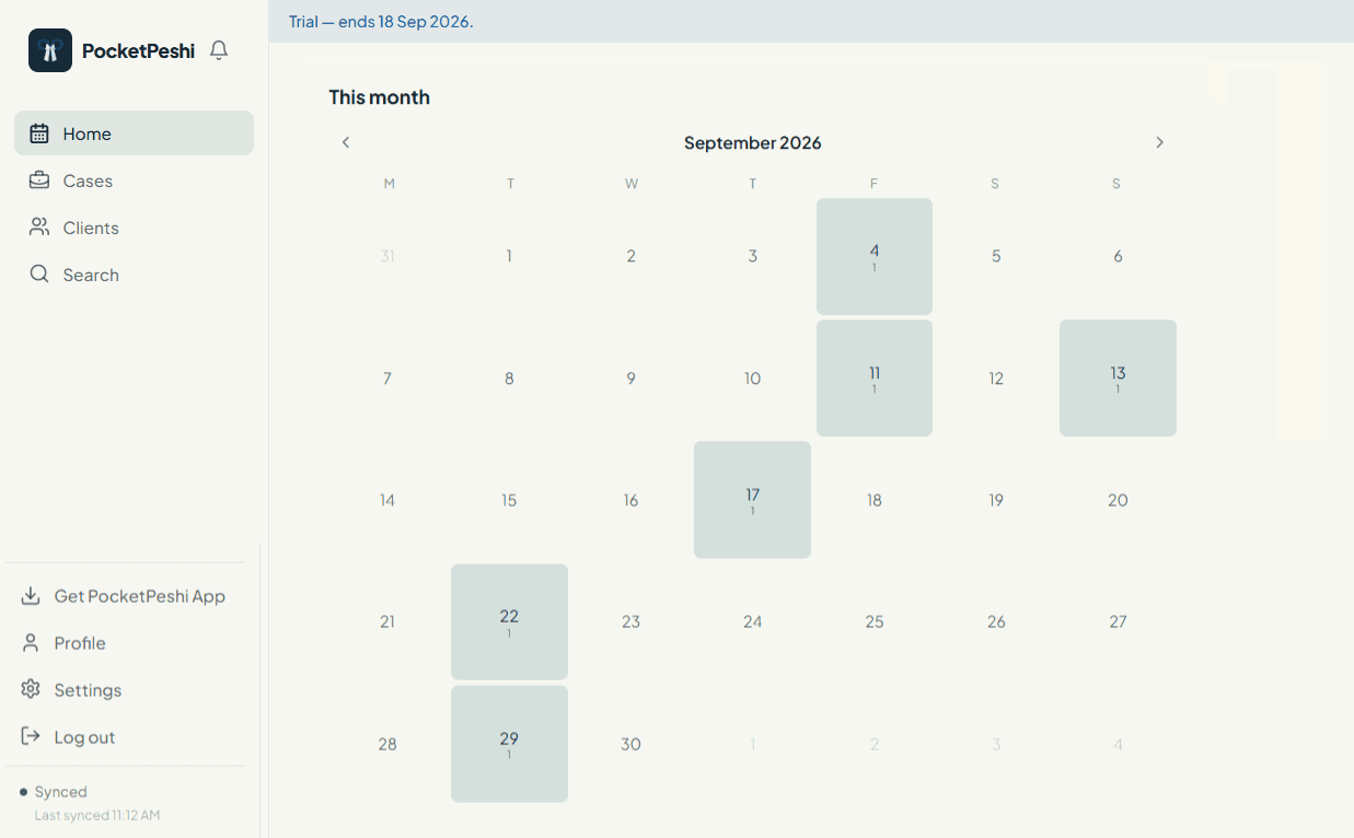 The monthly peshi calendar in PocketPeshi, with dates shaded by the number of hearings fixed.