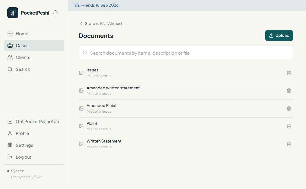 The scanned documents list for a case in PocketPeshi.