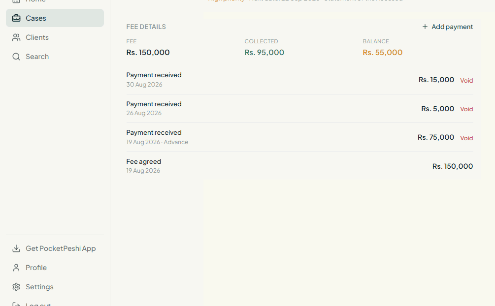 The client fee ledger in PocketPeshi: agreed fee, payments and balance.