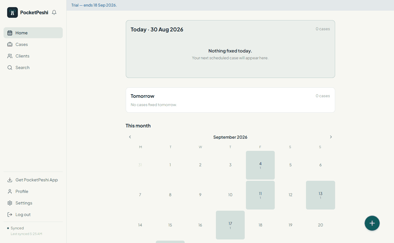PocketPeshi home screen on a laptop: cases fixed today and tomorrow above a monthly hearing-density calendar.