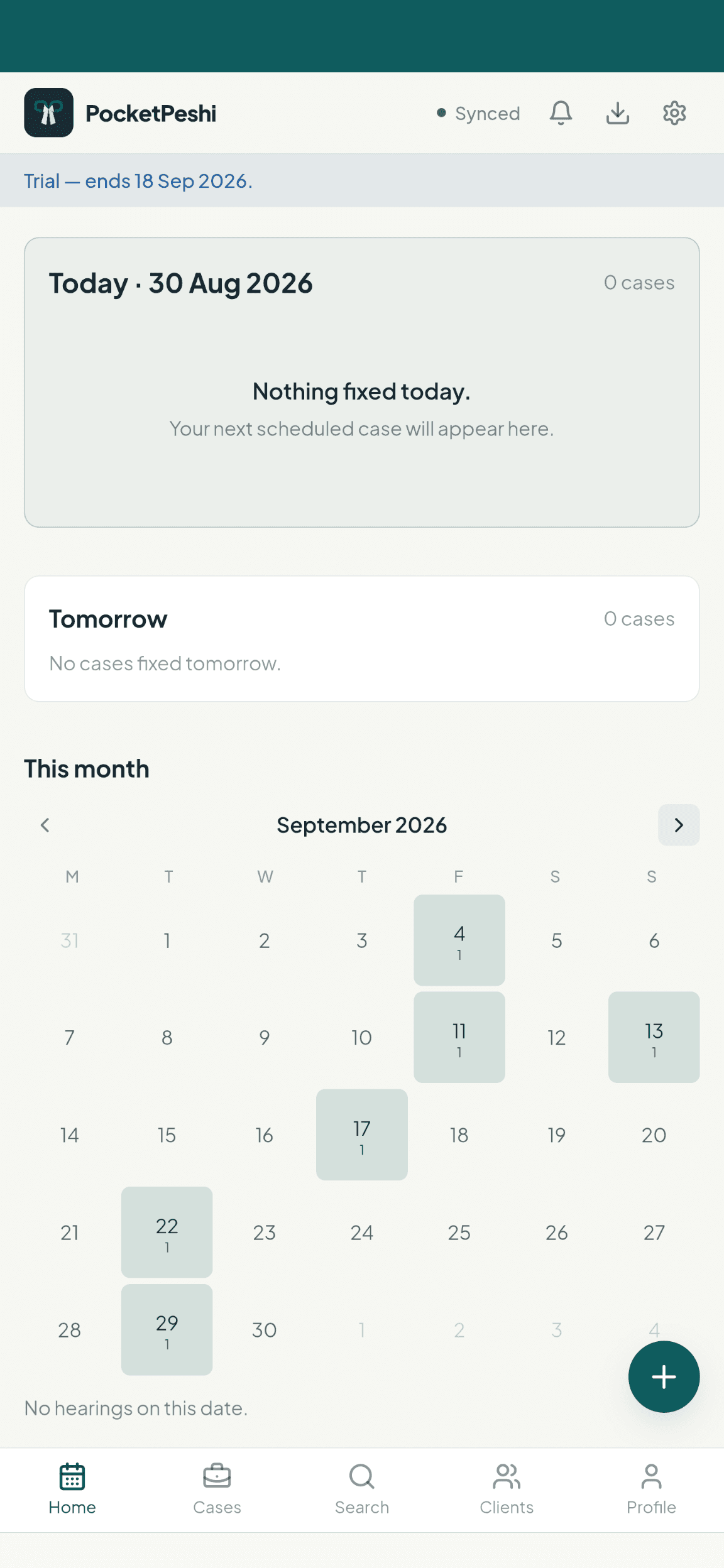 PocketPeshi home screen on a phone: today's cause list and the month calendar.